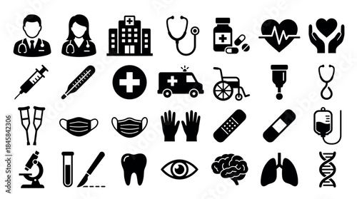 Comprehensive set of black medical glyph icons representing healthcare and hospital services, including a doctor, ambulance, syringe, heart, lungs, and other health symbols