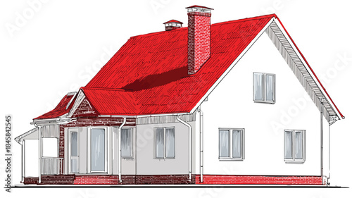 Professional House Drawing with Red Roof and Brick Chimney
