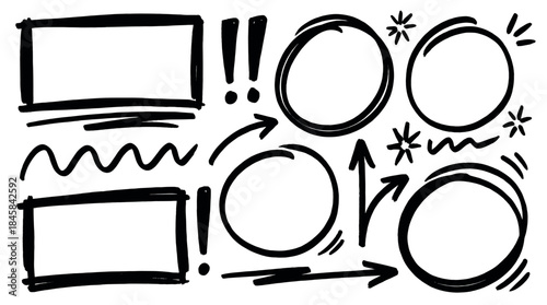 Hand-drawn black marker doodle elements set featuring circles, squares, arrows, and exclamation marks for highlighting text, drawn in a rough, sketchy, and expressive artistic style