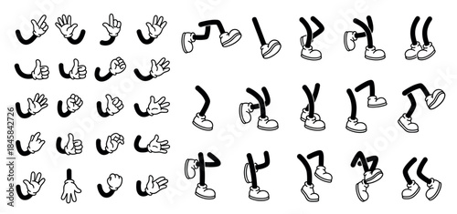 Set of cartoon character hands and legs in a retro 1930s animation style showing various gestures and poses like walking, running, and pointing for a comic mascot constructor kit