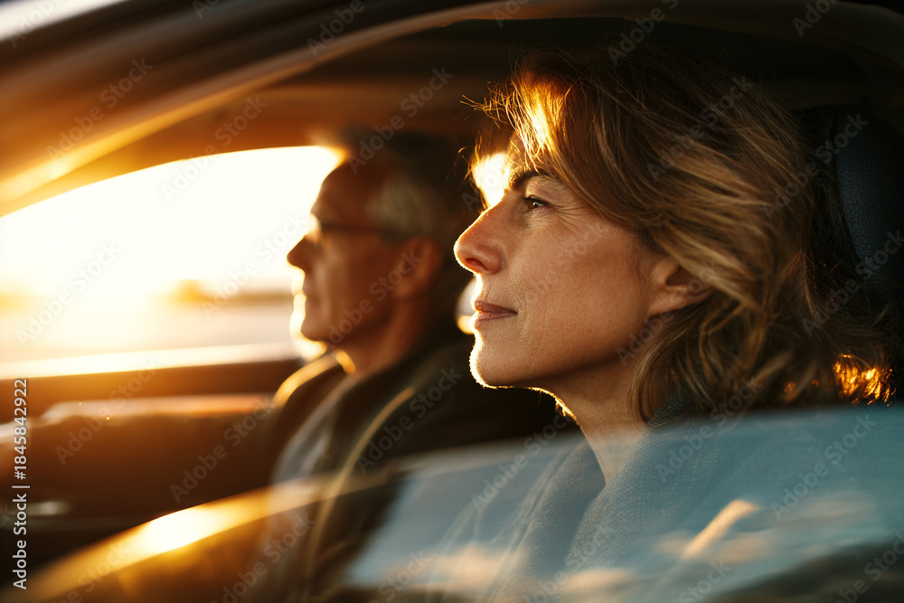 Fototapeta premium Side profile of mature couple driving car against bright sunset