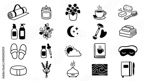 Set of hand-drawn self-care icons featuring a yoga mat, candle, tea, and sleep mask for a cozy wellness and relaxation routine in a simple black and white doodle style