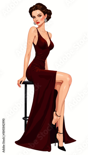 Elegant Illustration of a Woman in a Sophisticated Evening Gown Sitting Gracefully on a Stool with Red Lips and Stylish Hairdo