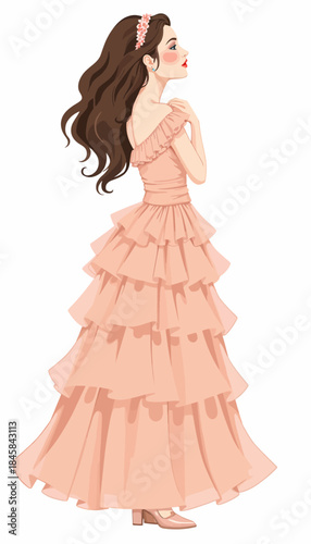 Elegant Illustration of a Woman in a Flowing Peach Evening Gown with Layered Ruffles and Long Wavy Hair Complemented by a Delicate Hair Accessory