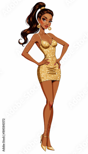 Stylish woman in a sparkling gold dress with elegant accessories and high heels poses confidently, showcasing a glamorous fashion statement