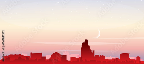 Red panoramic poster of the city skyline with misty background buildings, sunrise, moon and clouds of GRAND RAPIDS, UNITED STATES