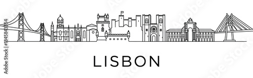 Famous European city skyline illustration in a minimalist black line art style, featuring iconic architectural landmarks like suspension bridges, a historic castle, and a grand cathedral