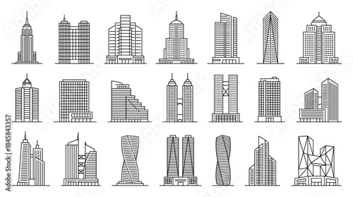 Set of modern skyscraper building icons in a minimalist line art style showing various architectural designs for urban cityscapes and real estate concepts