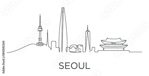Continuous one line drawing of a famous Asian city skyline with modern skyscrapers, a communication tower, and a traditional palace, a minimalist black and white illustration