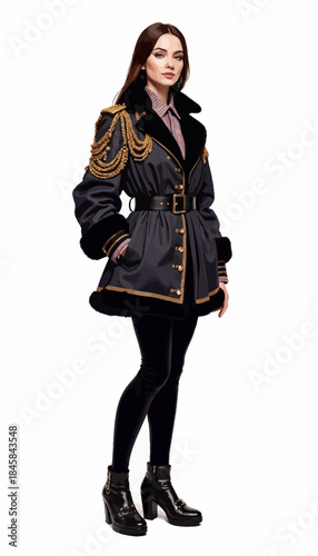 Elegant military-inspired black coat with ornate gold detailing and matching shiny black boots showcasing fashion-forward style and sophistication