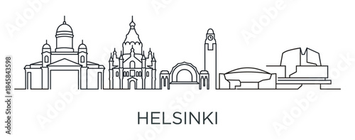 Minimalist black line art illustration of a famous European capital city skyline with recognizable architectural landmarks, presented in a clean, modern vector graphic style