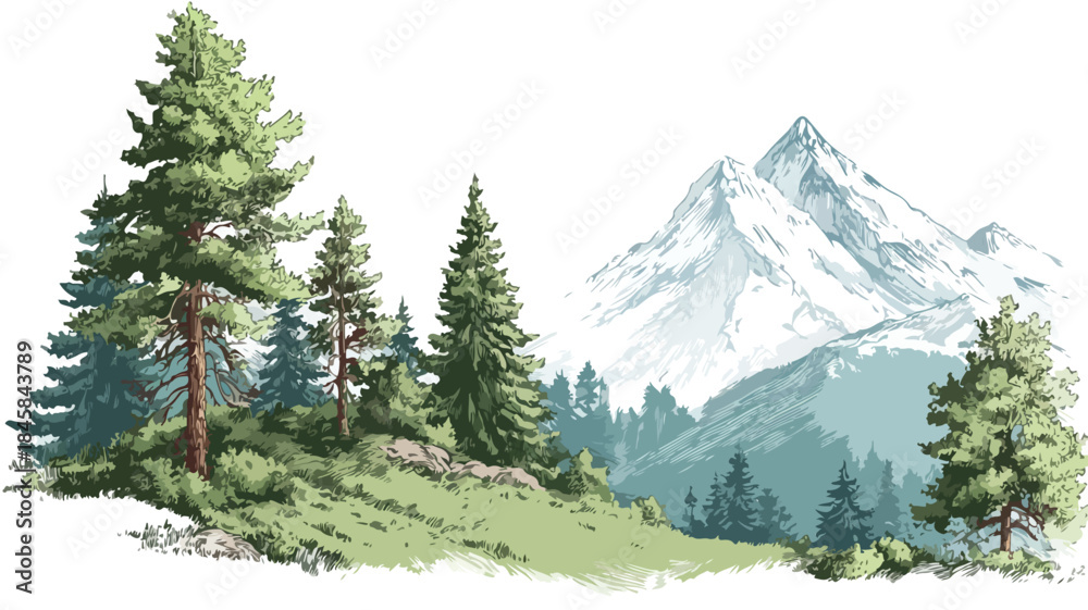 Fototapeta premium Mountain and Trees Silhouette with Mountain Background Vector