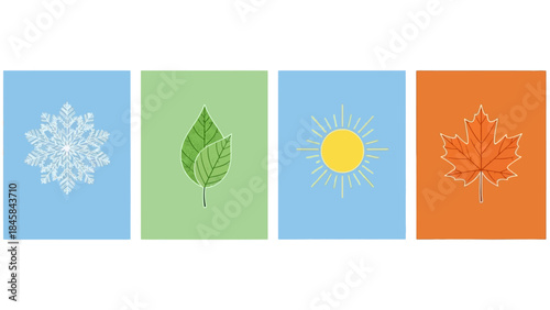 A set of four seasons vector illustration featuring a yellow sunflower and daisy blossom against a sunny sky background for a beautiful nature landscape design