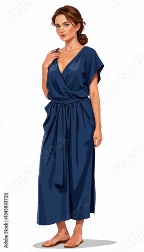 Elegant Woman in Deep Blue Dress with Stylish Draping and Relaxed Poise in Timeless Fashion Portrayal