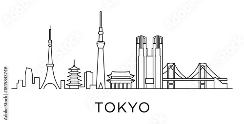 Minimalist black line art illustration of a Japanese city skyline with famous landmarks like towers, a pagoda, a bridge, and modern skyscrapers in a simple graphic style