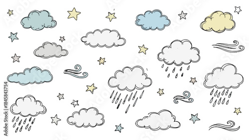 Sky Elements Illustration: A whimsical illustration of the sky, featuring fluffy clouds, twinkling stars, and gentle wind symbols, representing the serenity of a bright day.