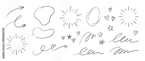 Set of hand-drawn black doodle elements including arrows, hearts, stars, sunbursts, and abstract scribbles for creative design, presented in a minimalist sketch style