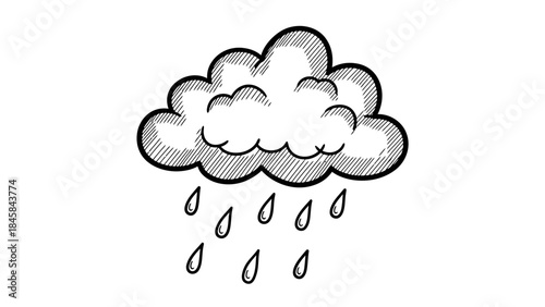 Hand-drawn sketch illustration of a rain cloud with raindrops falling, depicting weather.