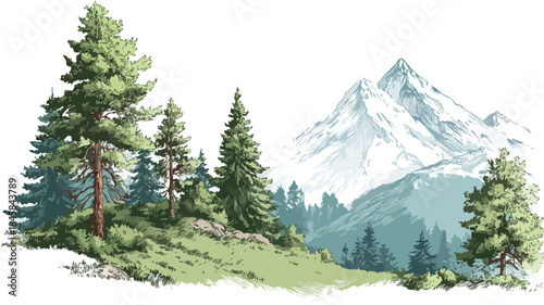 Mountain and Trees Silhouette with Mountain Background Vector