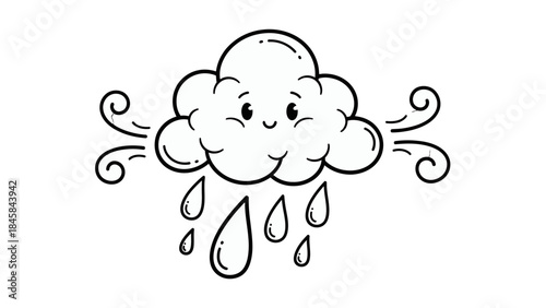 Smiling Cloud Icon with Rain: A delightful cartoon cloud smiles as it gracefully sheds tears of rain, surrounded by gentle wind currents, this imagery is a perfect representation for weather theme.