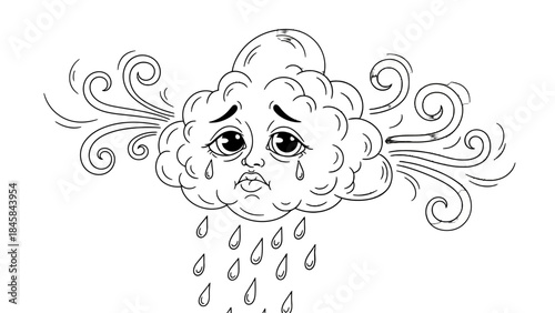 Cloud's Sorrow: A sketch of a sorrowful cloud, with tears of rain, illustrating a moment of sadness, depicting the weight of emotional burdens.