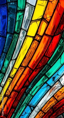 Close-up view of a colorful stained glass window featuring vibrant rainbow tones in a diagonal pattern illustration