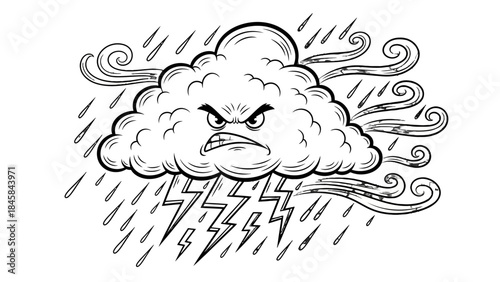 Stormy Cloud Illustration: An intense depiction of a stormy cloud, showcasing a powerful thunderstorm with rain and lightning amidst a turbulent environment.