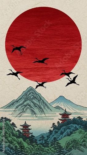 Traditional japanese art illustration featuring red sun, flying cranes, and mountain landscape illustration