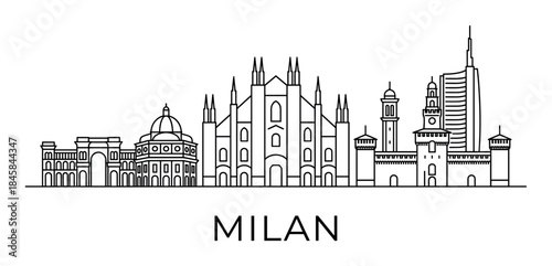 European city skyline vector illustration featuring a gothic cathedral, historic castle, and modern skyscraper in a clean black and white minimalist line art style