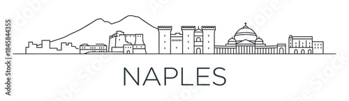 Minimalist line art illustration of an Italian city skyline with a volcano and historic landmarks, a simple black and white vector graphic for travel and tourism concepts