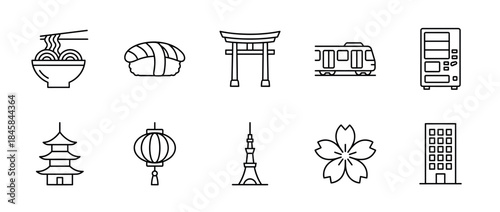 Collection of minimalist line art icons representing travel and culture with a noodle bowl, sushi, a traditional gate, a pagoda, a lantern, a train, and a cherry blossom