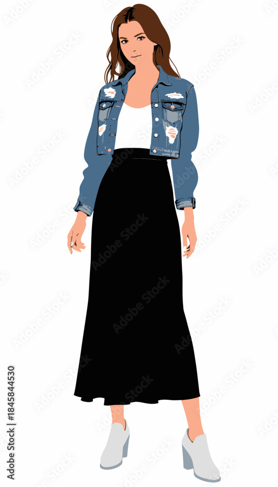 Fototapeta premium Illustration of a stylish woman wearing a denim jacket, black skirt, white top, and ankle boots showcasing contemporary casual fashion trends