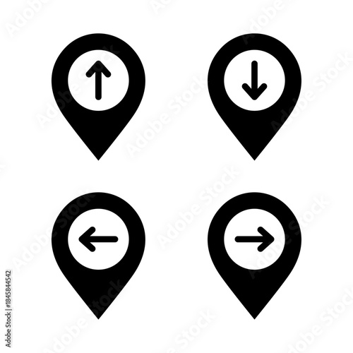 Location pin arrow icons set, map navigation markers, direction pointer pins, up down left right location icons, navigation pin symbols, Vector illustration.