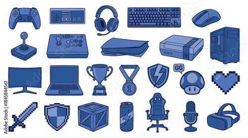 Collection of blue gaming and esports icons featuring controllers, a headset, keyboard, trophy, and pixel art in a detailed hand-drawn cartoon illustration style