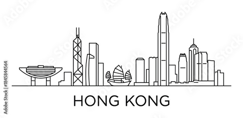 Minimalist black and white line art illustration of a modern Asian metropolis skyline with iconic skyscrapers and a traditional sailing junk boat in the harbor