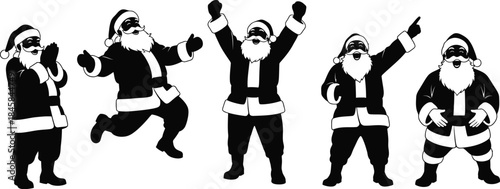 Collection of five dynamic black and white Santa Claus silhouettes showing various joyful poses perfect for holiday design projects
