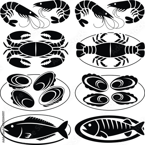 Black and white seafood icons collection