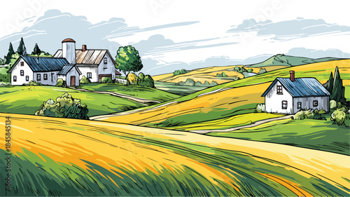 Serene Countryside Farm Landscape with Rolling Hills Vector Illustration