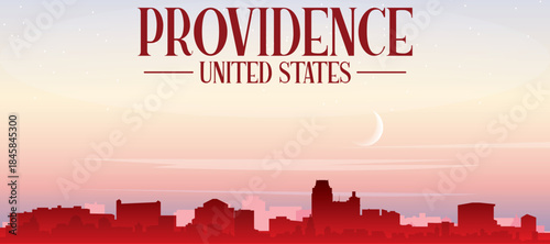 Red panoramic poster of the city skyline with misty background buildings, sunrise, moon and clouds of PROVIDENCE, UNITED STATES