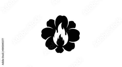 Black Flower with Fiery Center Abstract Symbol.