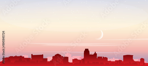 Red panoramic poster of the city skyline with misty background buildings, sunrise, moon and clouds of PROVIDENCE, UNITED STATES