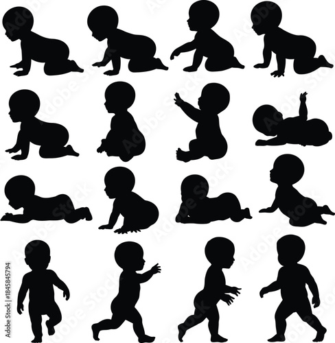 Baby developmental milestones: crawling and walking silhouettes