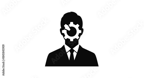 Man with gear face symbolizes business process and technology.