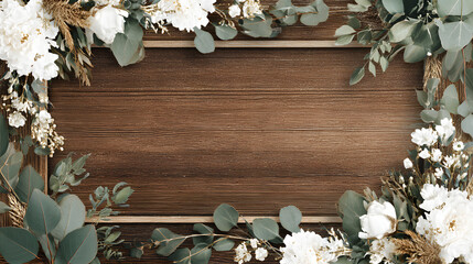 Rustic wedding frame with wooden texture border, eucalyptus leaves, white flowers, boho wedding style.