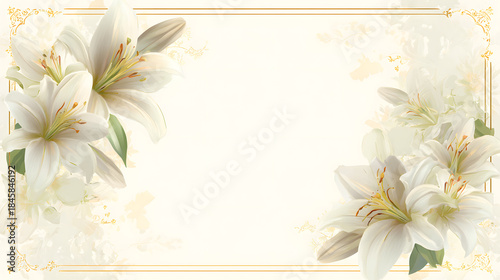 Elegant Christian wedding greeting frame with white lilies, subtle cross symbol in corners, soft gold accents.