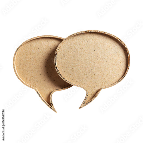 Two blank cardboard speech bubbles, symbolizing communication, dialogue, ideas, or thought processes isolated on transparent background