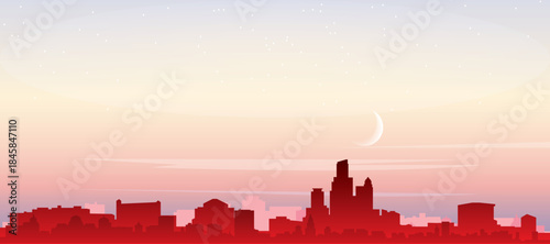 Red panoramic poster of the city skyline with misty background buildings, sunrise, moon and clouds of CHICAGO, UNITED STATES