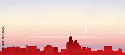 Red panoramic poster of the city skyline with misty background buildings, sunrise, moon and clouds of NEW YORK, UNITED STATES