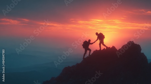 silhouette of two hikers helping each other on a mountain at sunset