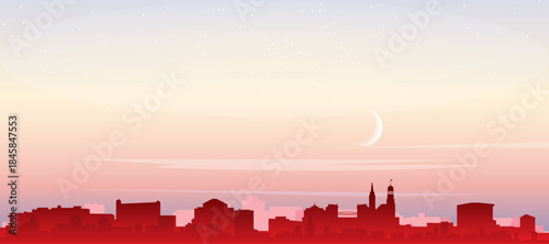 Red panoramic poster of the city skyline with misty background buildings, sunrise, moon and clouds of HAMBURG, GERMANY
